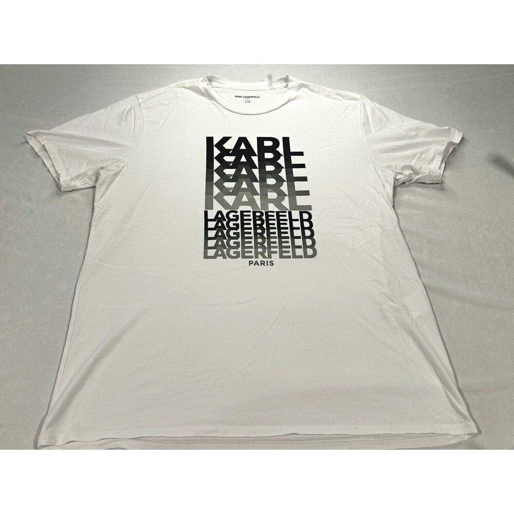 Karl Lagerfeld Men’s L White Graphic Logo T-Shirt 100% Cotton Jersey Crew Neck